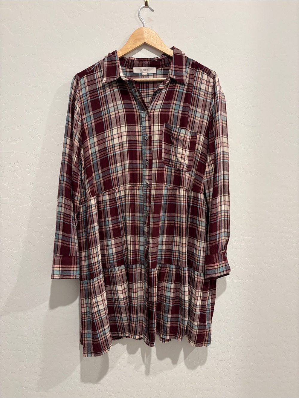 LOFT Burgundy Plaid Casual Button-Down Dress